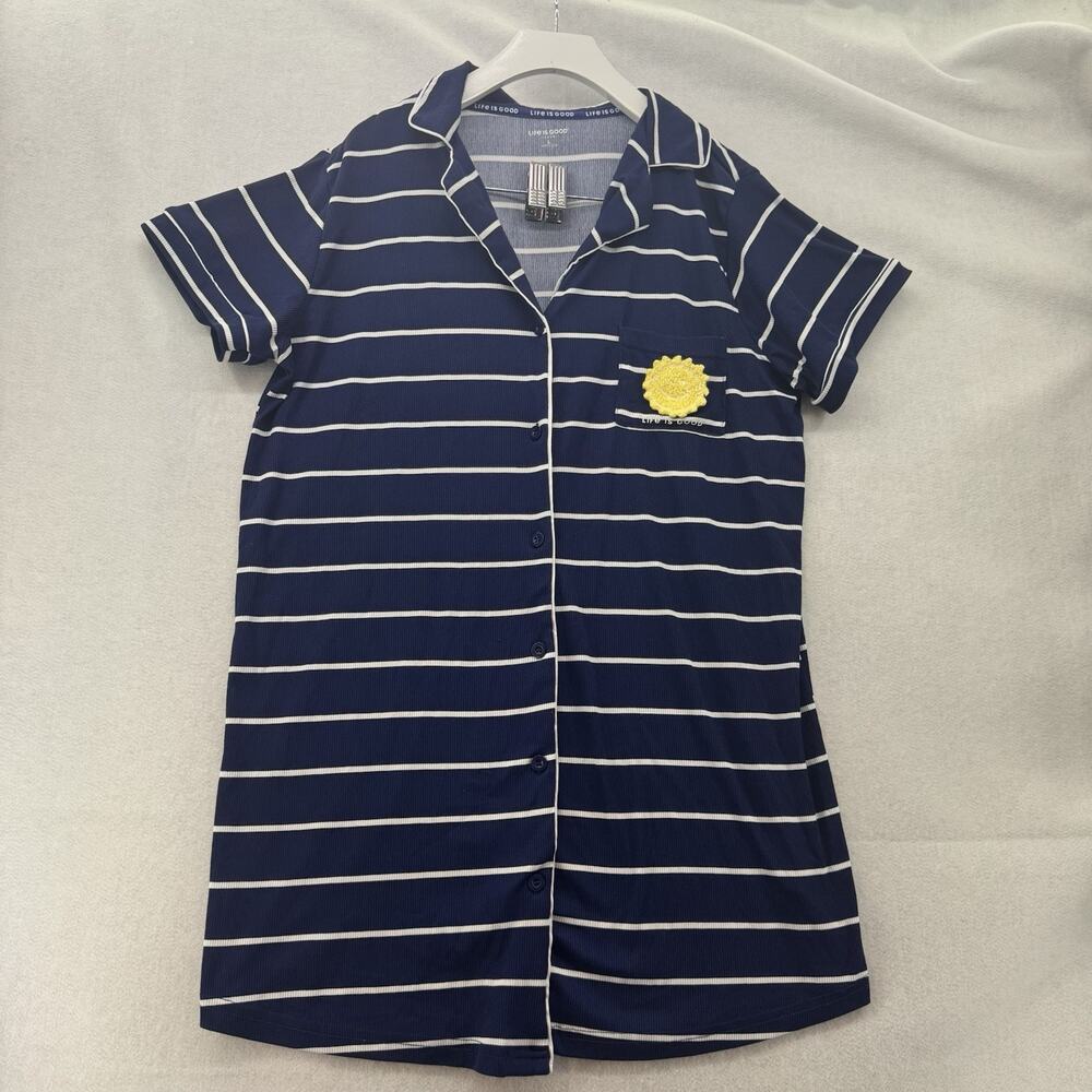 Life is Good Blue Striped Sleep Shirt Nightgown Large Short Sleeve Nightshirt